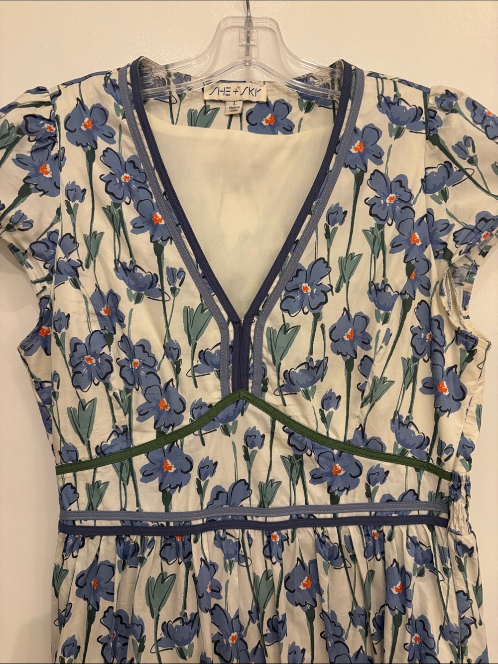 She + Sky Blue Floral Maxi Dress with Green Trim